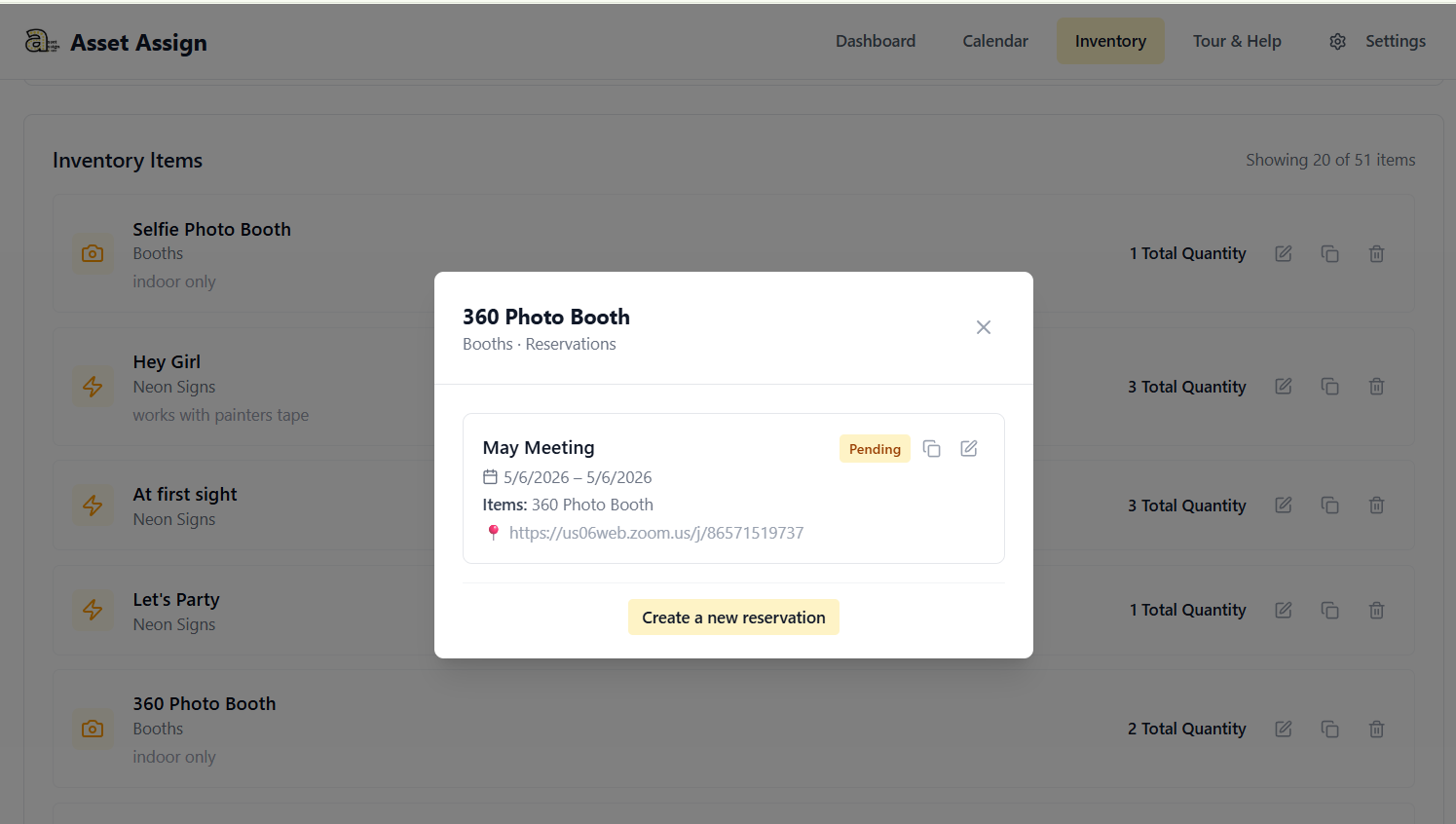Asset Assign Reservation List per Inventory Item