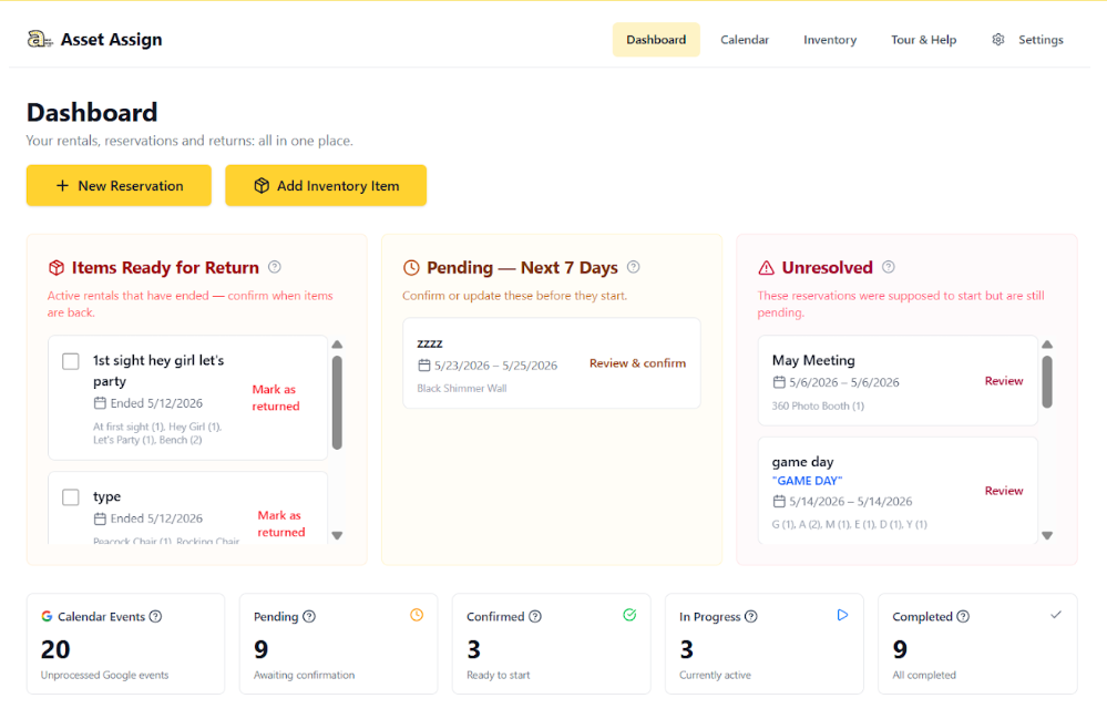 Asset Assign dashboard with items ready for return, pending, and unresolved reservations