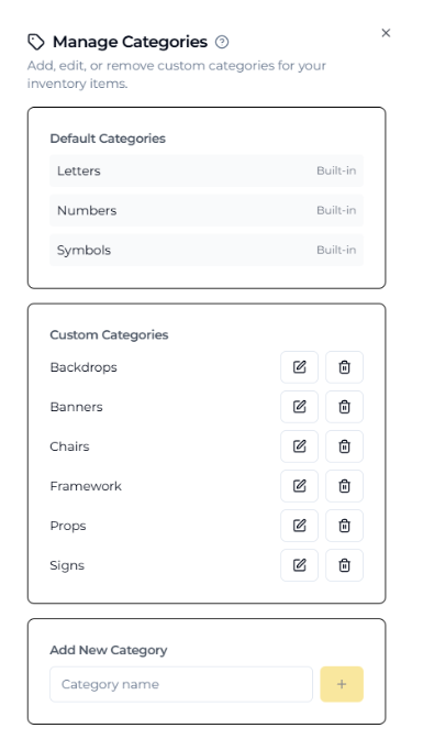 Asset Assign Manage Categories panel with default and custom categories