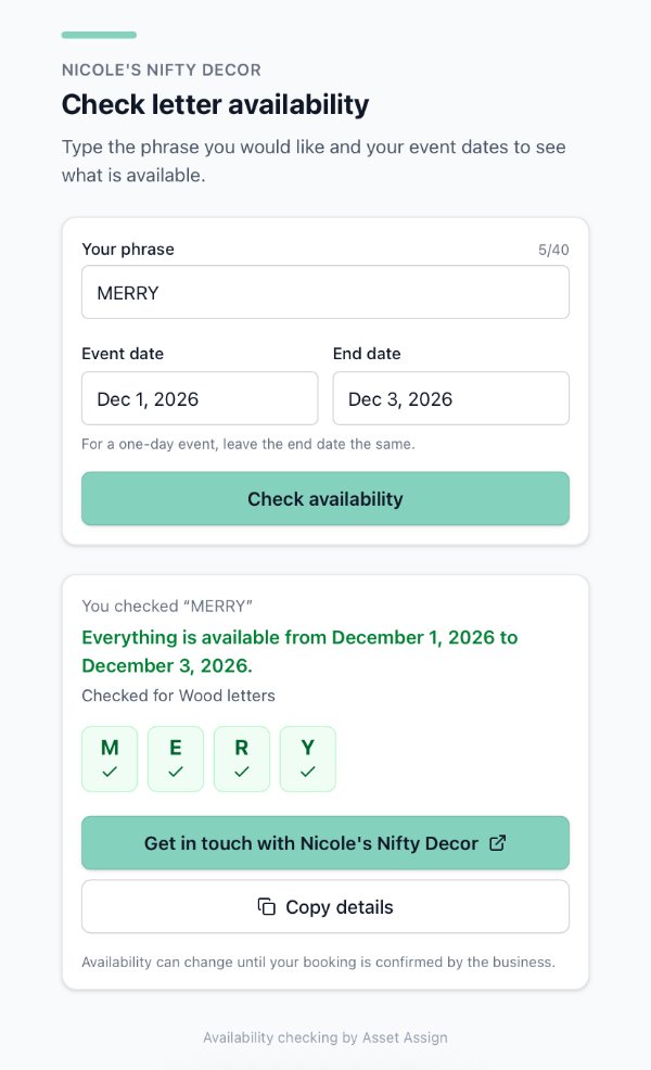 An example public availability link on a phone: the phrase MERRY checked for December 1 to 3, 2026, with every letter available in Wood